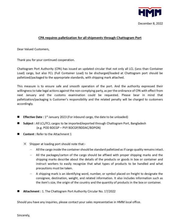 2023年1月1日起，吉大港货物运输需执行新规！