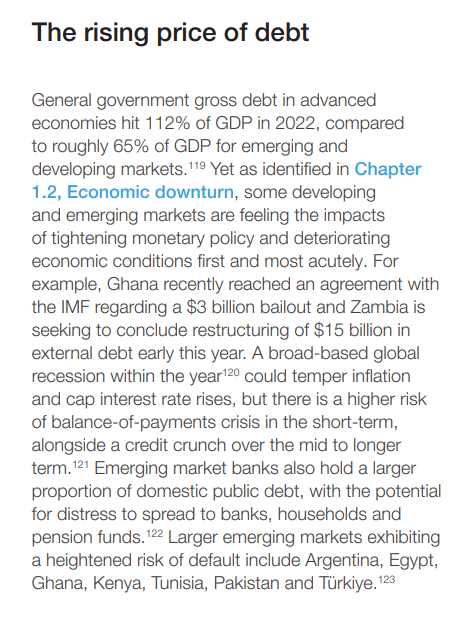 此为《2023全球风险汇报》截图，里面提到一些债务风险比力高的国度。