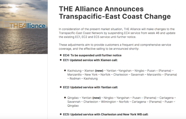 THE同盟颁发：调整多条亚洲-美东航路，新增挂靠中国港口