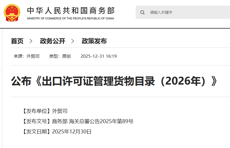 2026年出口许可证治理货物目录